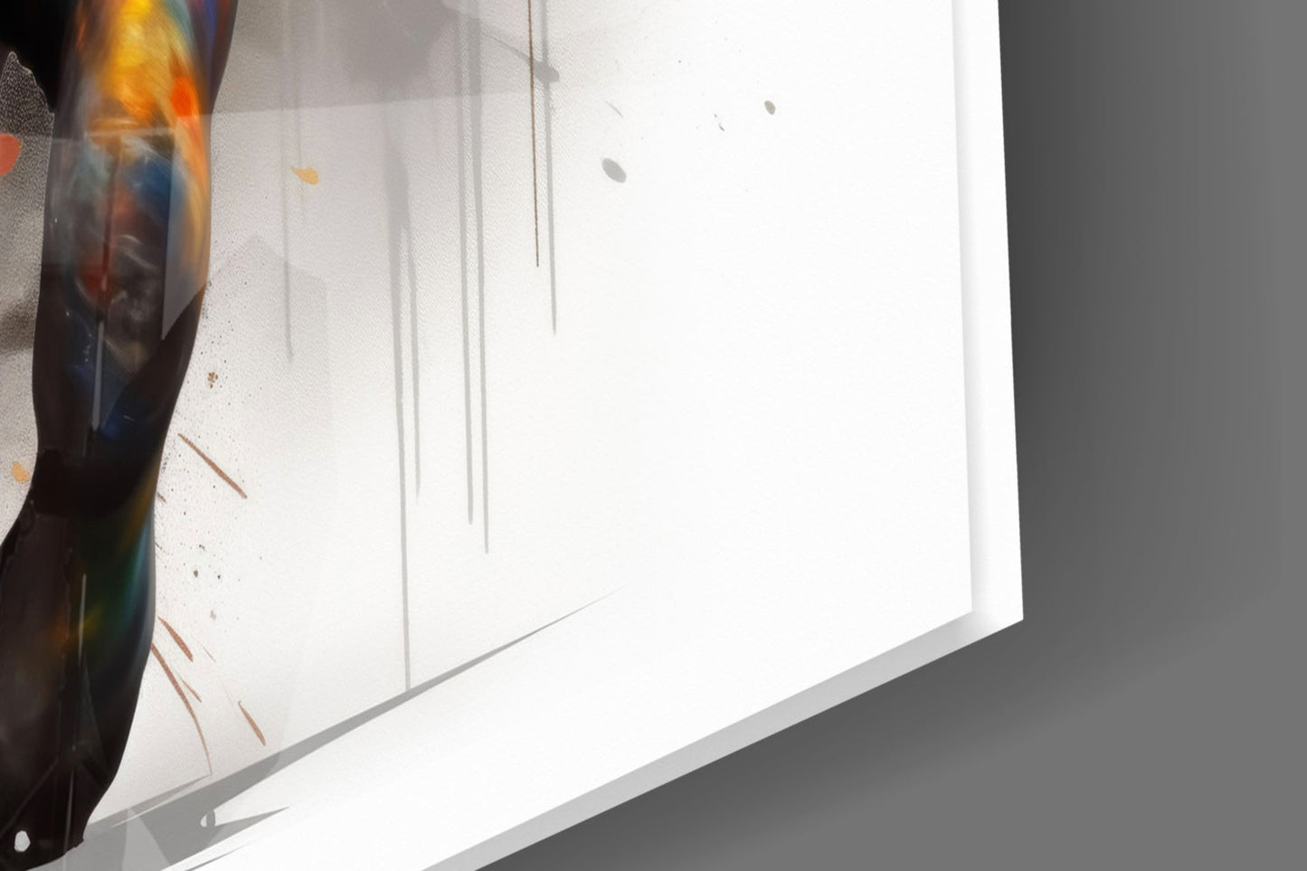 Close-up side angle of glass wall art panel showing multicolored abstract design with orange, blue, and black tones against white background.