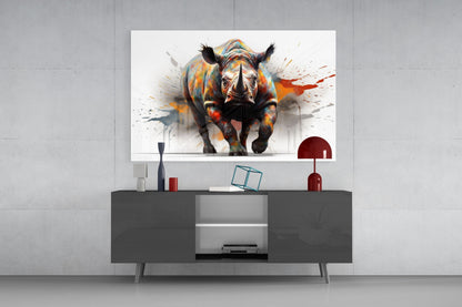 Colorful abstract rhino artwork displayed above gray media console in modern living room setting.