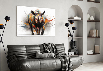 Colorful abstract rhino glass wall art displayed above a black leather sofa in a modern living room setting.