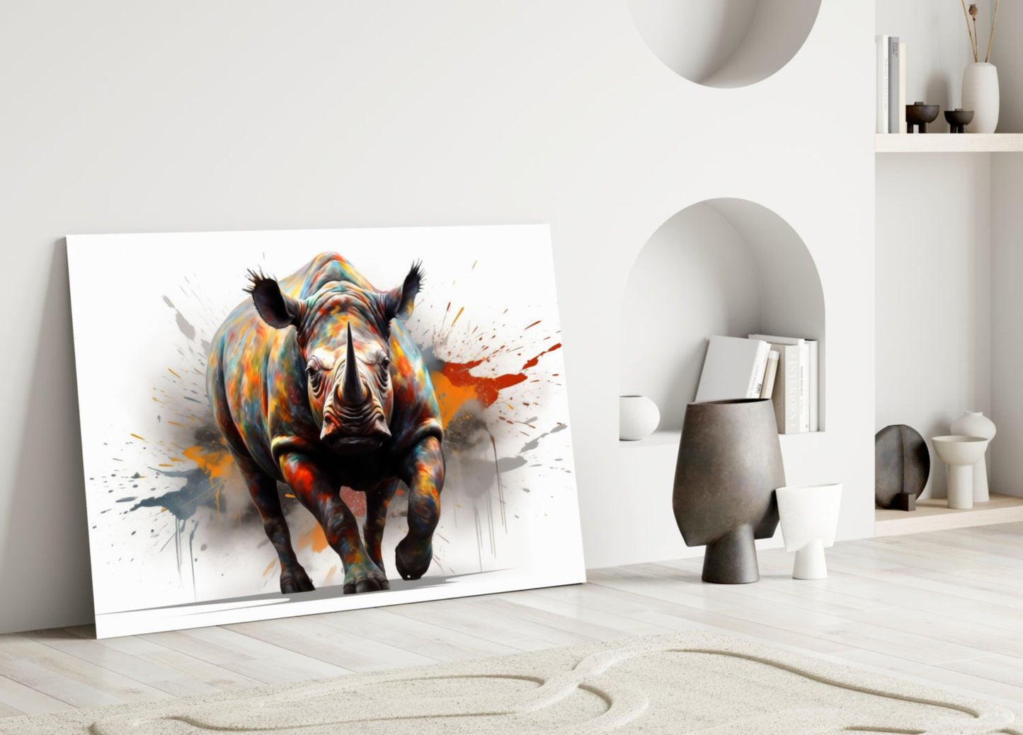 Colorful rhino glass wall art leaning against white wall in minimalist interior with decorative objects and shelving.