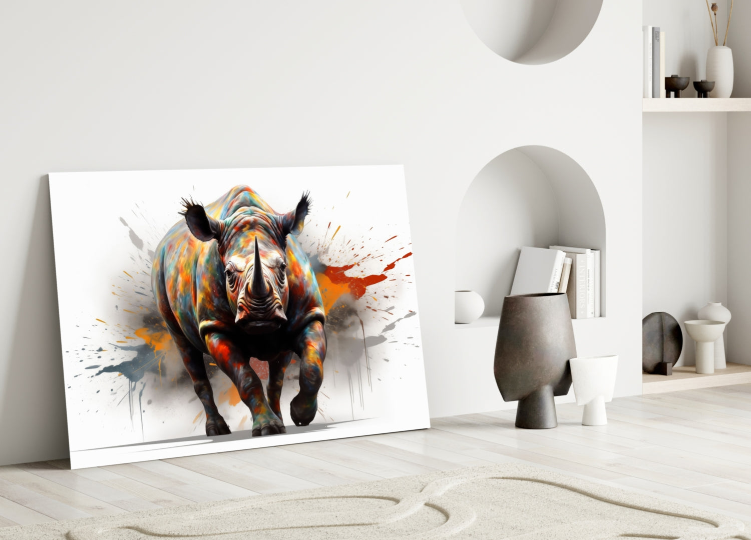 Colorful rhino glass wall art leaning against white wall in minimalist interior with decorative objects and shelving.