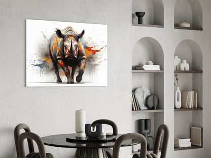 Colorful abstract rhino glass wall art displayed above a black round dining table in a modern interior with arched shelving.