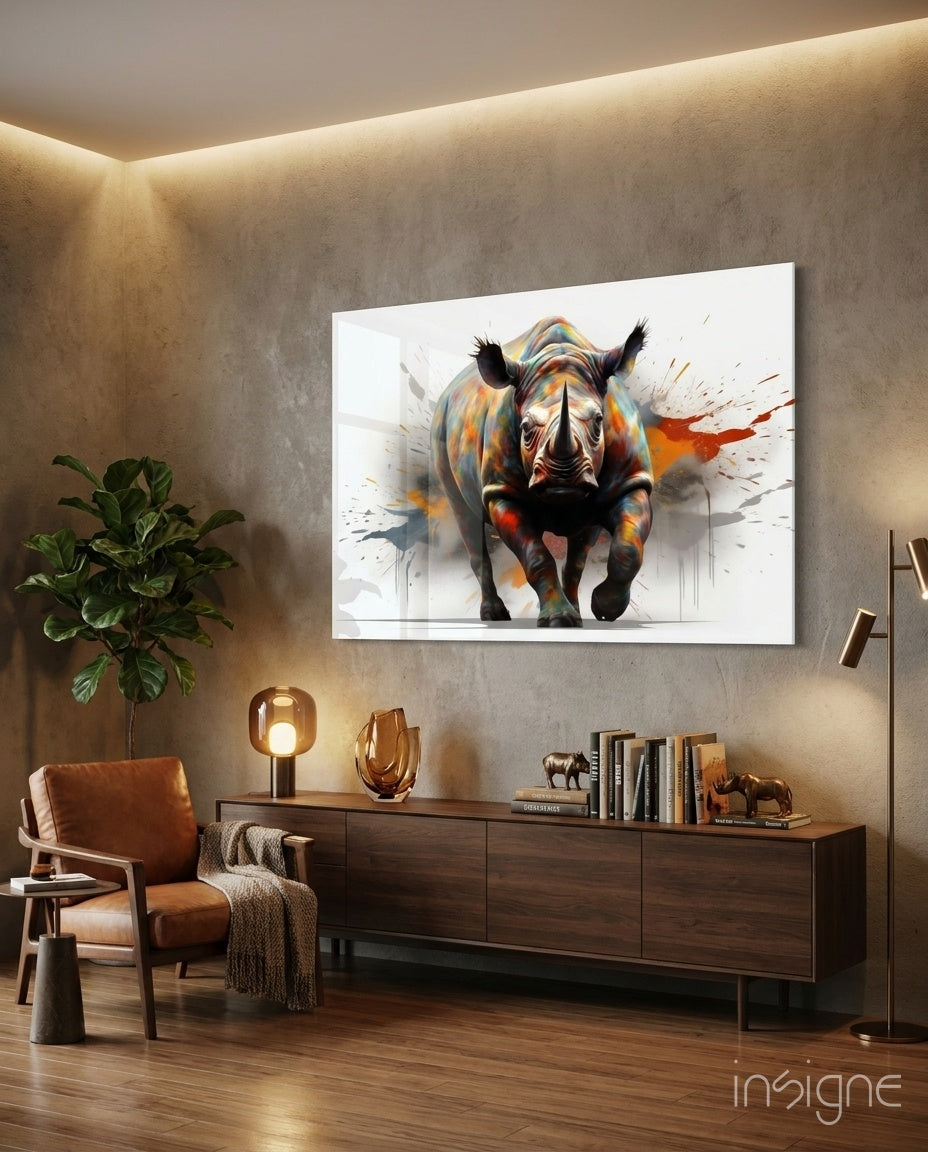 Colorful abstract rhino artwork displayed on white glass panel mounted above wooden credenza in modern living room with warm lighting.
