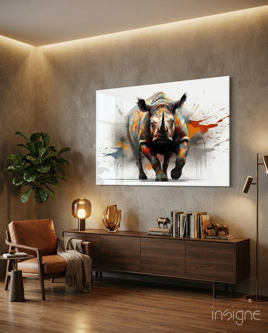 Colorful abstract rhino artwork displayed on white glass panel mounted above wooden credenza in modern living room with warm lighting.