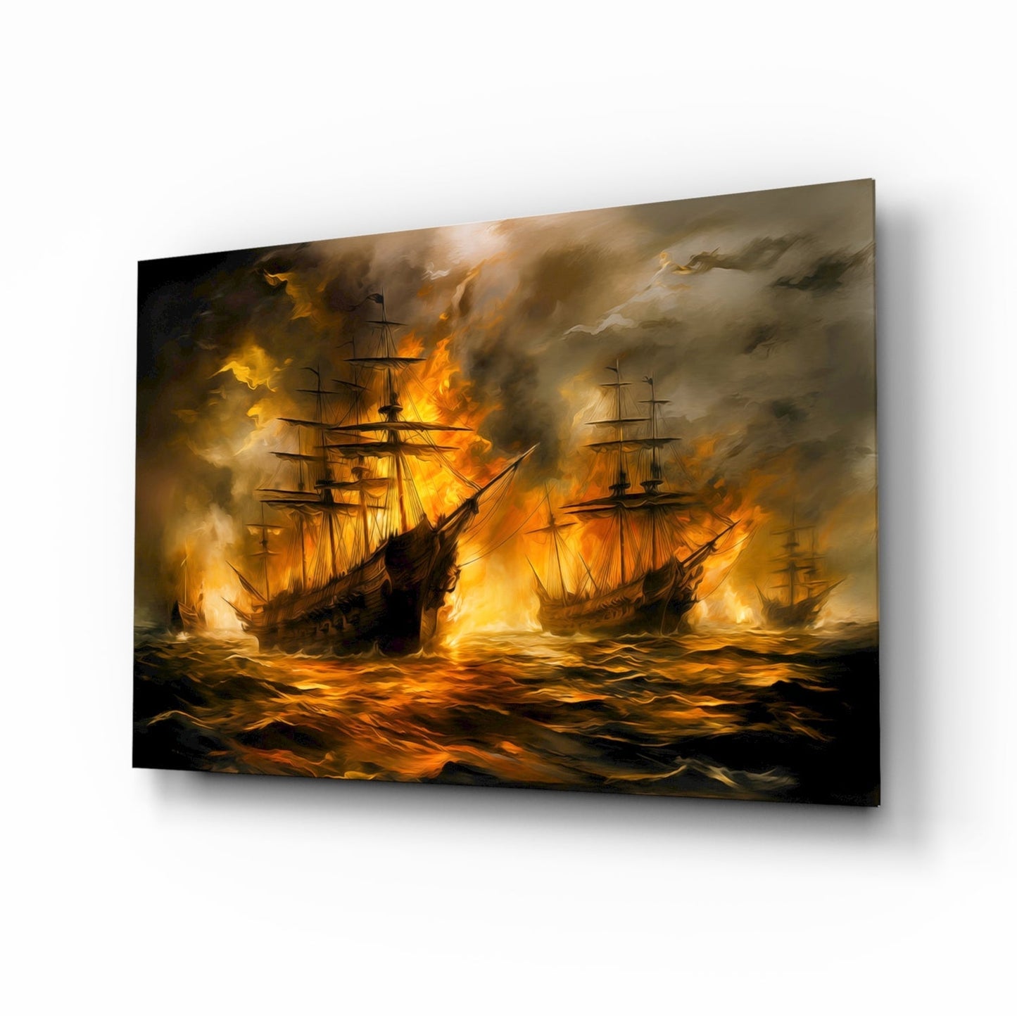 Three tall ships engulfed in flames and smoke on turbulent golden waters, displayed as a glass wall panel at an angle.
