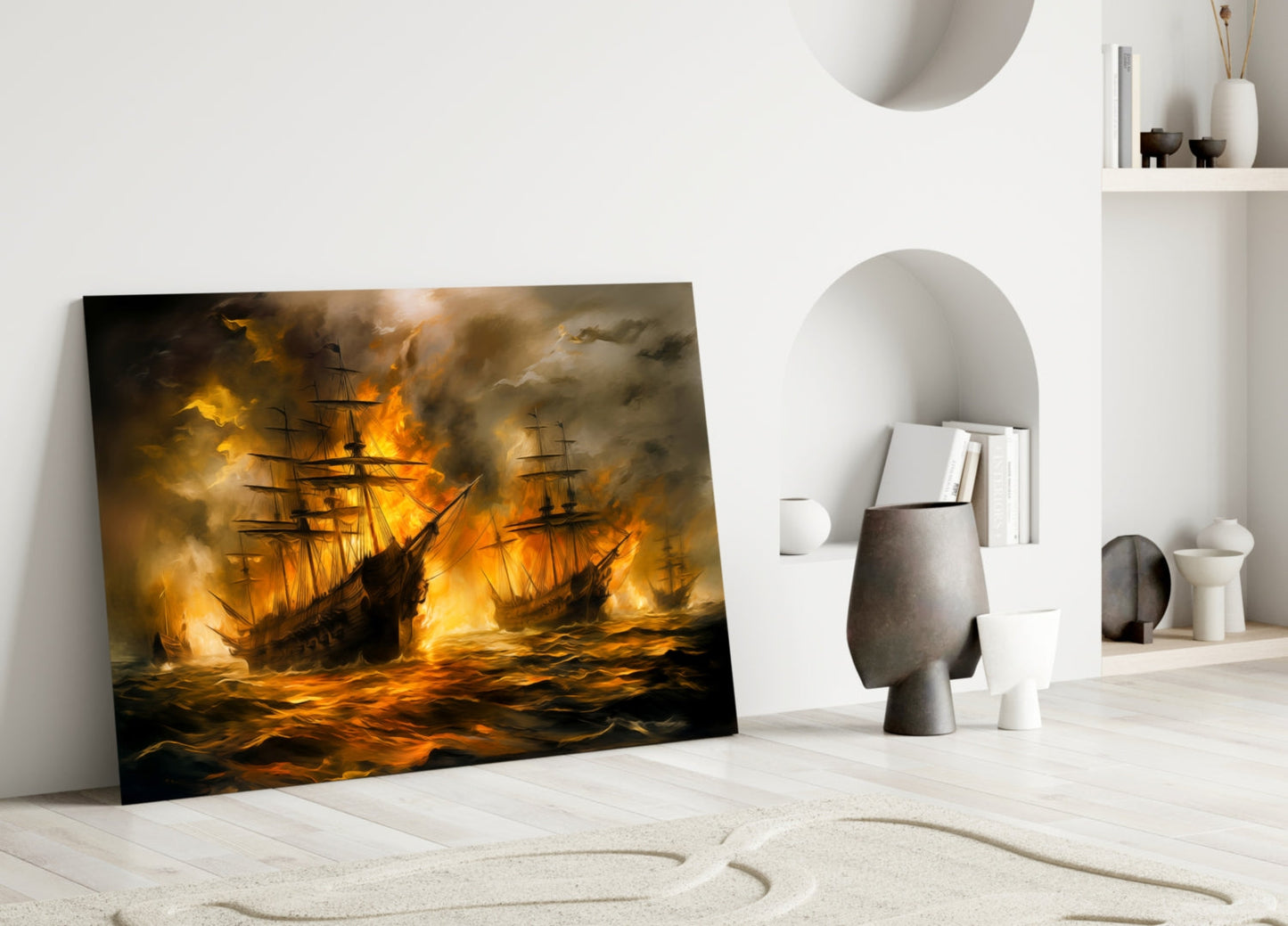 Navy in Flames glass wall art leaning against white wall in minimalist interior with decorative objects and shelving.