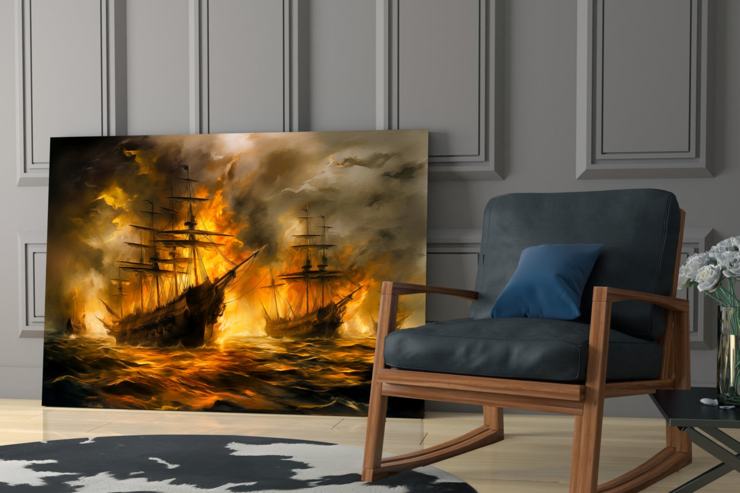 Glass wall art depicting two burning sailing ships on golden-orange waters displayed in modern living room next to wooden chair.