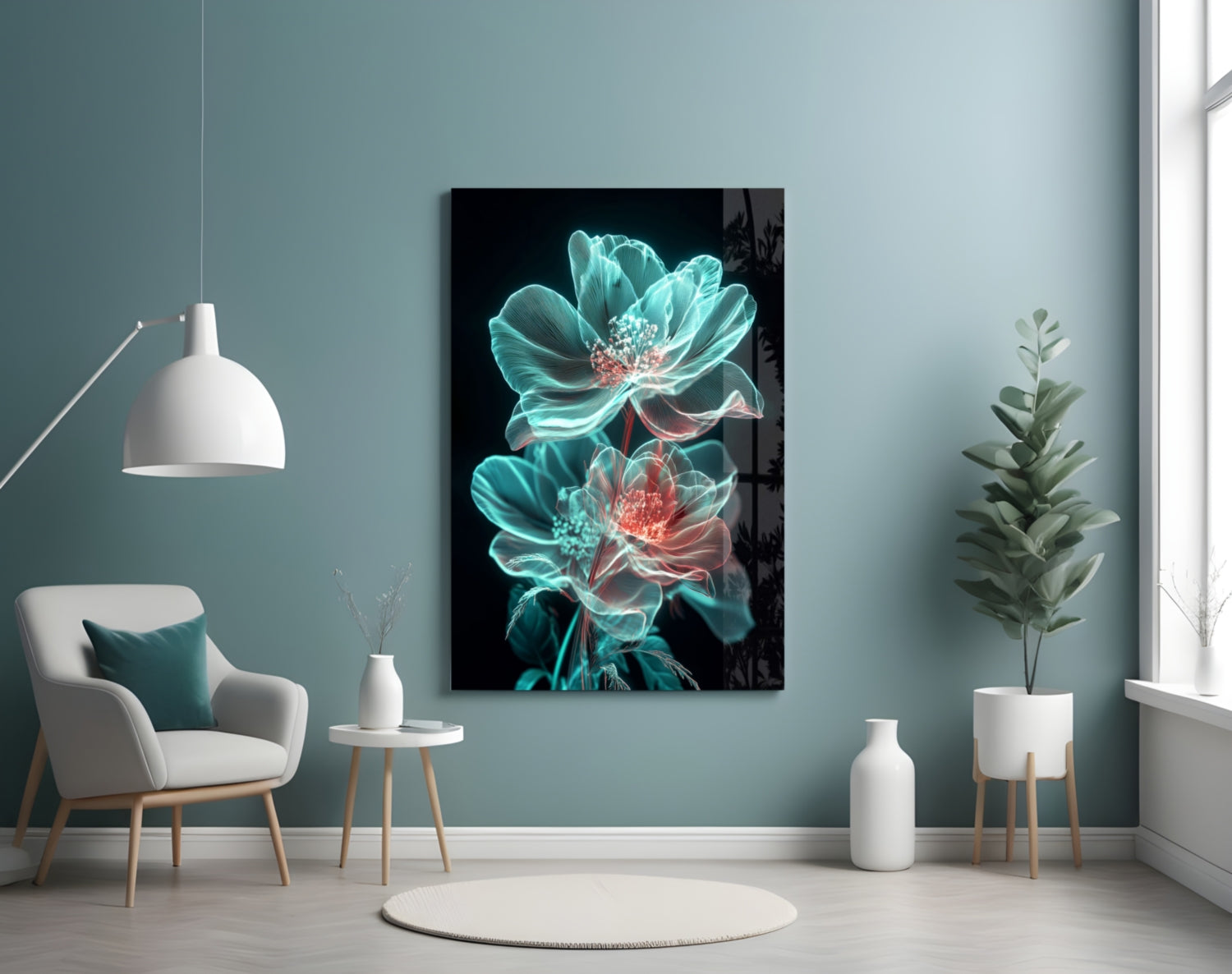 Neon turquoise and coral glowing flowers on black background displayed as wall art in modern living room with teal walls and white furniture.