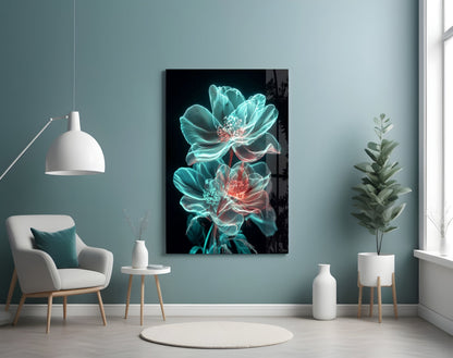 Neon turquoise and coral glowing flowers on black background displayed as wall art in modern living room with teal walls and white furniture.