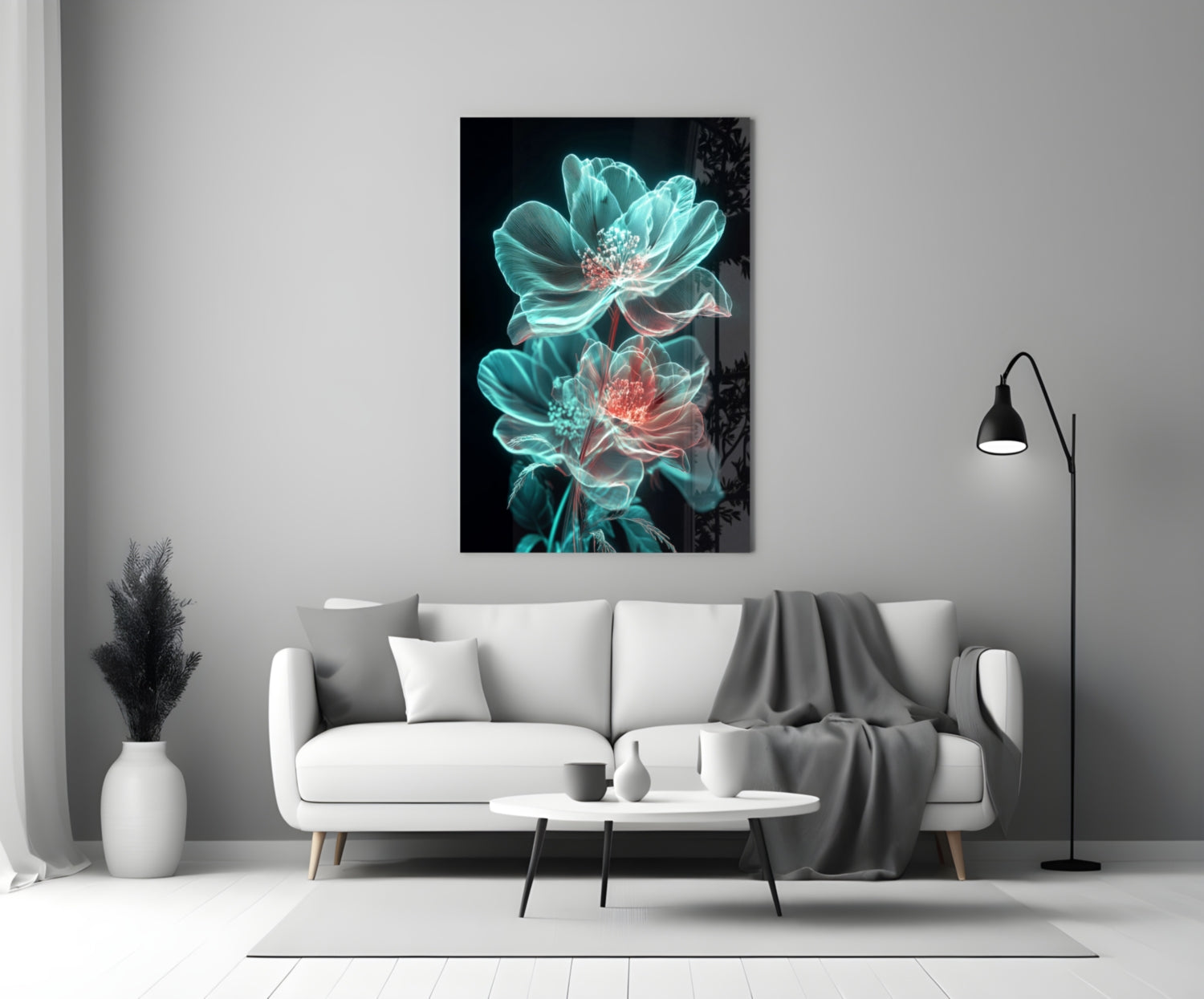 Neon turquoise and coral glowing flowers displayed on black glass panel hung above white sofa in modern living room.