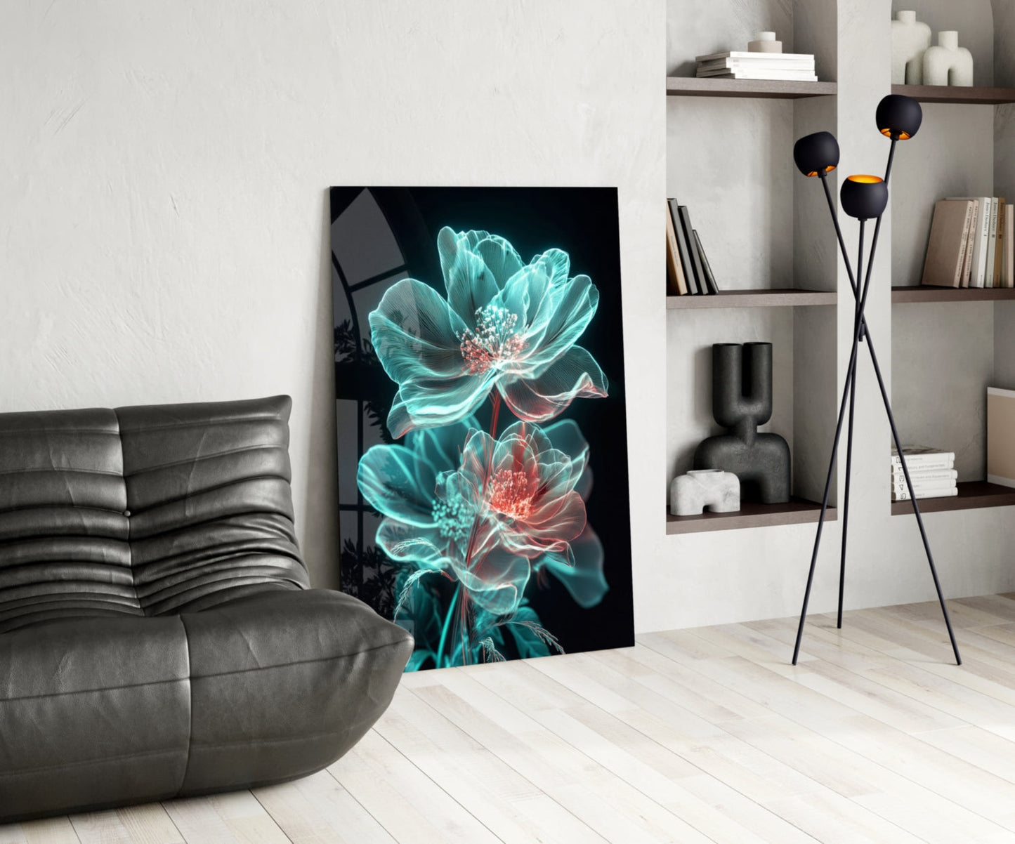Modern living room interior showcasing neon turquoise and coral glowing flowers glass art leaning against white wall.