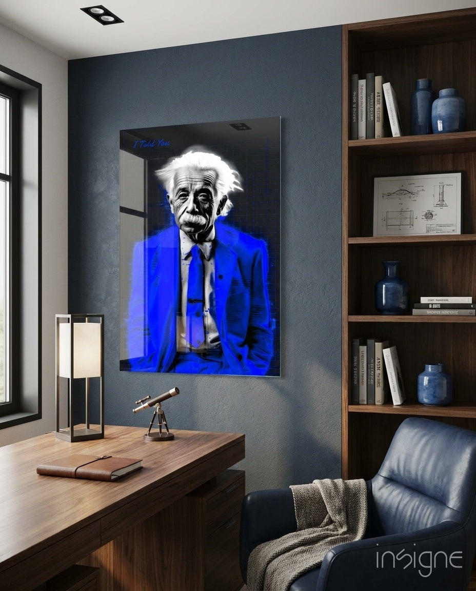 Electric Blue Suit Physicist Glass Wall Art