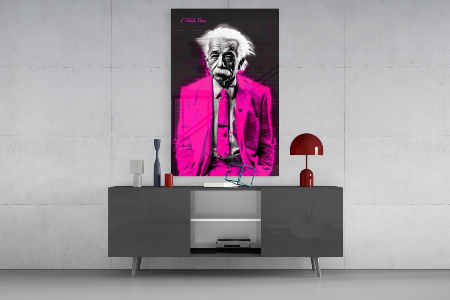 Magenta Suit Wild Haired Genius Glass Wall Art