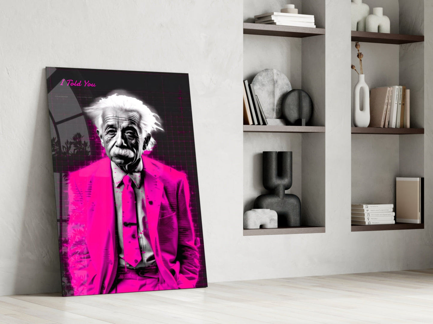 Magenta Suit Wild Haired Genius Glass Wall Art