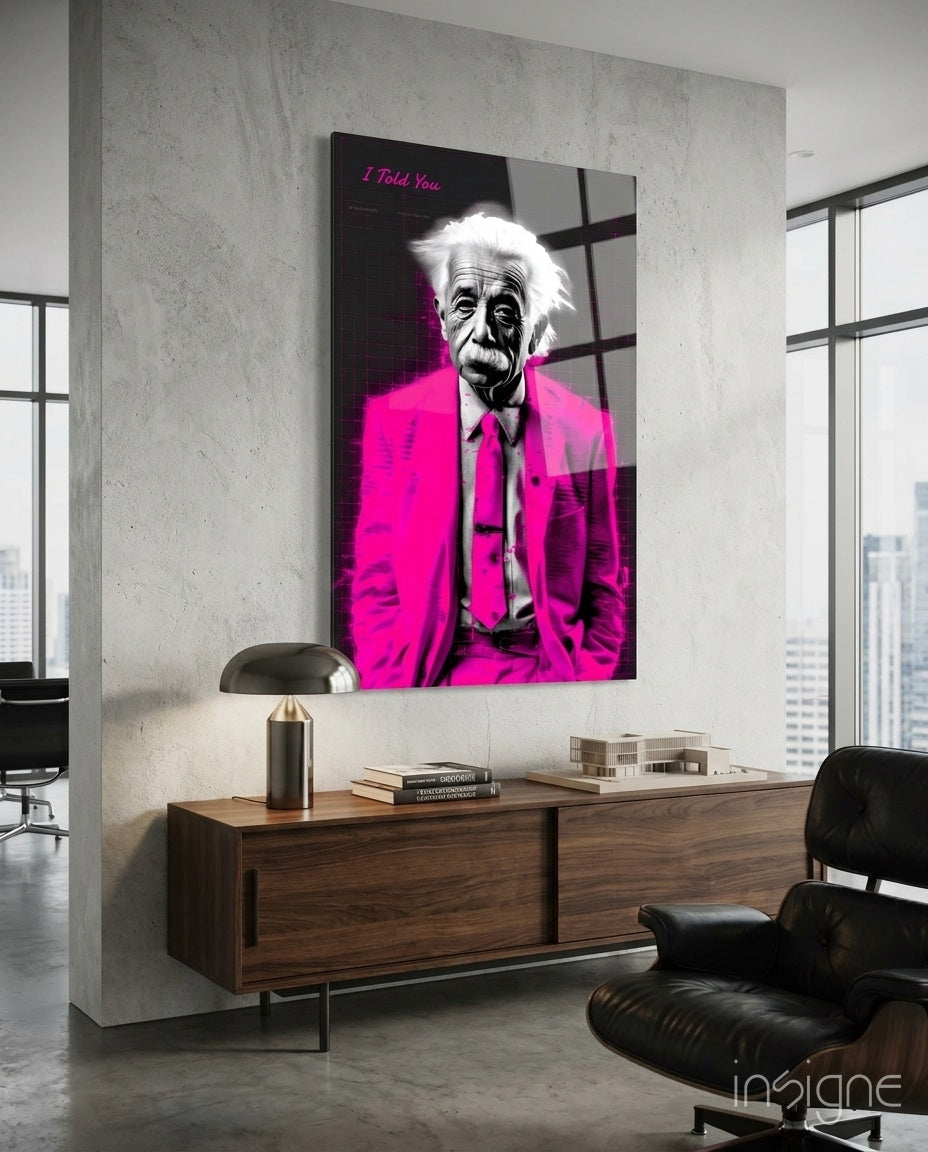 Magenta Suit Wild Haired Genius Glass Wall Art