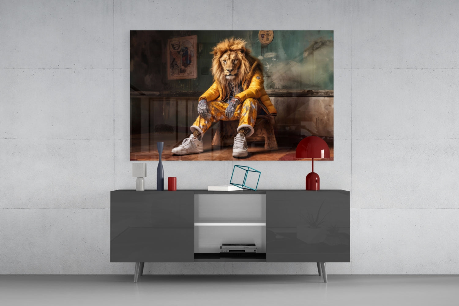 Modern living room setup with gray media console displaying mounted glass wall art of anthropomorphic lion in yellow jacket.