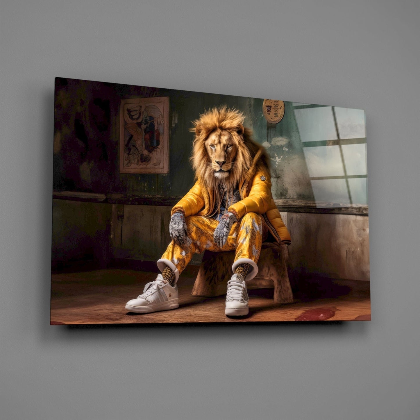A lion wearing a yellow jacket and white sneakers sits on a wooden stool in a rustic room, displayed as glass wall art.