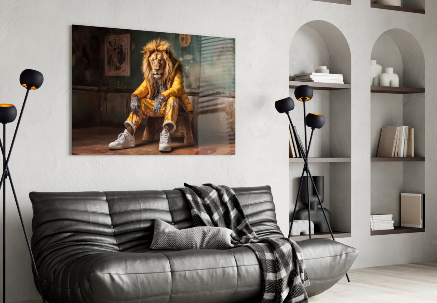 Glass wall art depicting a lion wearing a yellow jacket and sneakers seated indoors, displayed above a gray leather sofa.