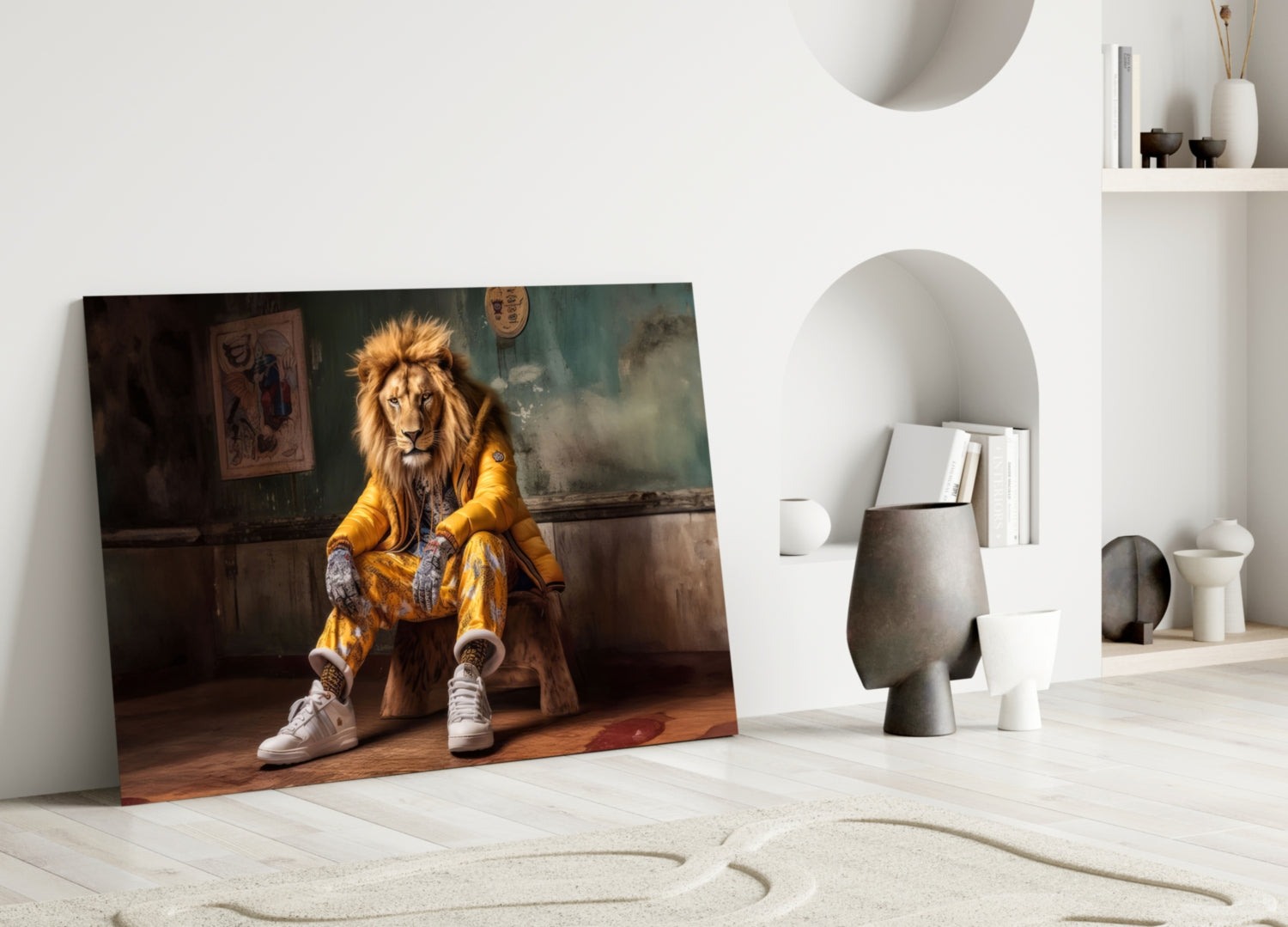 Glass wall art depicting a lion wearing a yellow jacket and white sneakers leaning against a classroom wall, displayed leaning against a white interior wall.