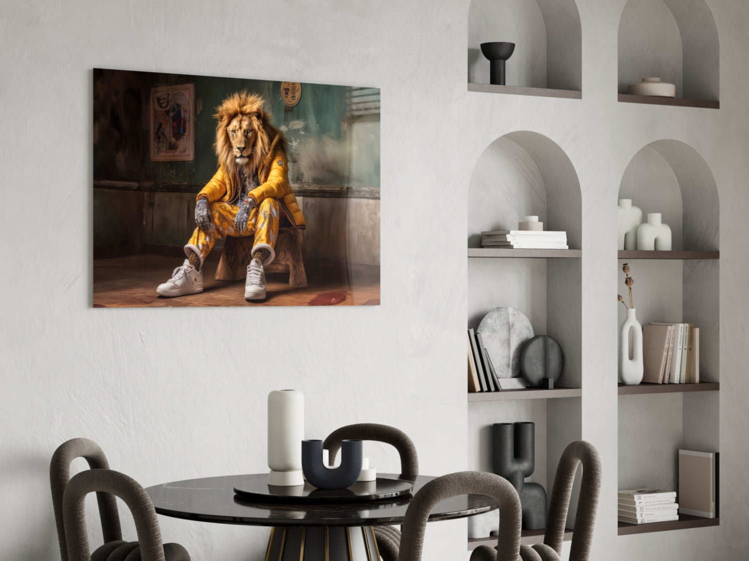 Glass wall art depicting a lion in a yellow jacket and white sneakers seated indoors, displayed above a dining table in a modern interior.