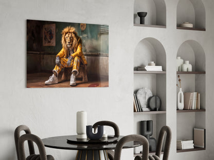 Glass wall art depicting a lion in a yellow jacket and white sneakers seated indoors, displayed above a dining table in a modern interior.