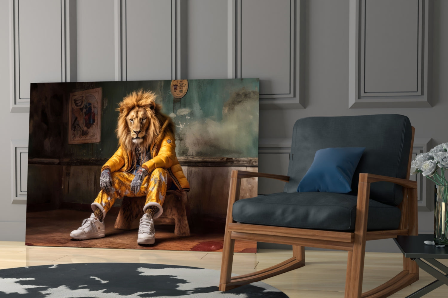 Glass wall art depicting a lion wearing a yellow jacket and white sneakers seated indoors, displayed in a modern room setting.