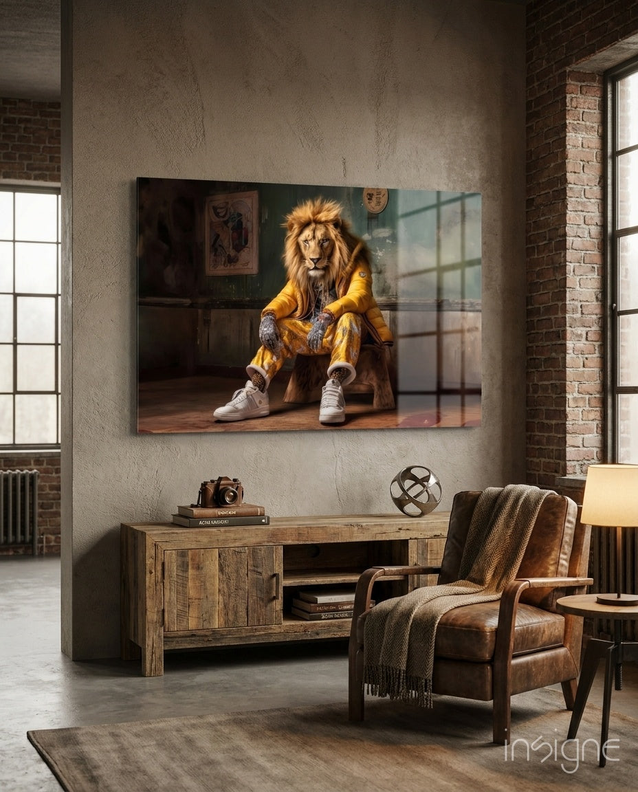 Glass wall art displaying a lion wearing a yellow jacket and white sneakers seated indoors, mounted above a wooden media console in an industrial loft space.