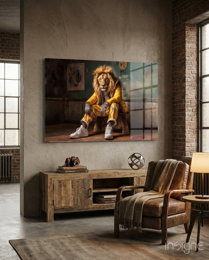 Glass wall art displaying a lion wearing a yellow jacket and white sneakers seated indoors, mounted above a wooden media console in an industrial loft space.