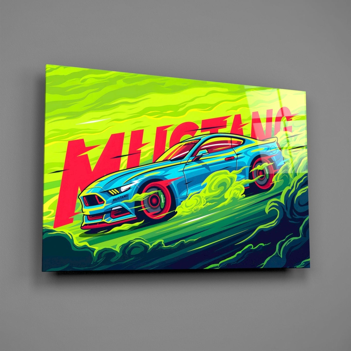 Blue Mustang sports car racing diagonally across neon yellow-green background with red "ROARING" text on glass wall art.