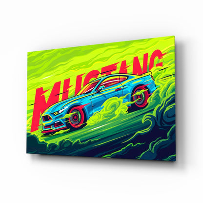 Blue Mustang sports car with red accents racing through neon lime-green swirling clouds against dark background with red "WHIRLWIND" text on glass wall art.