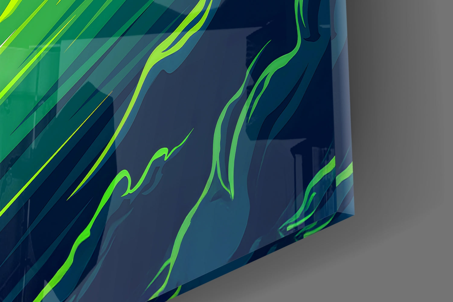Close-up angled view of glass wall art with neon green and yellow flowing lines on dark blue and teal gradient background.