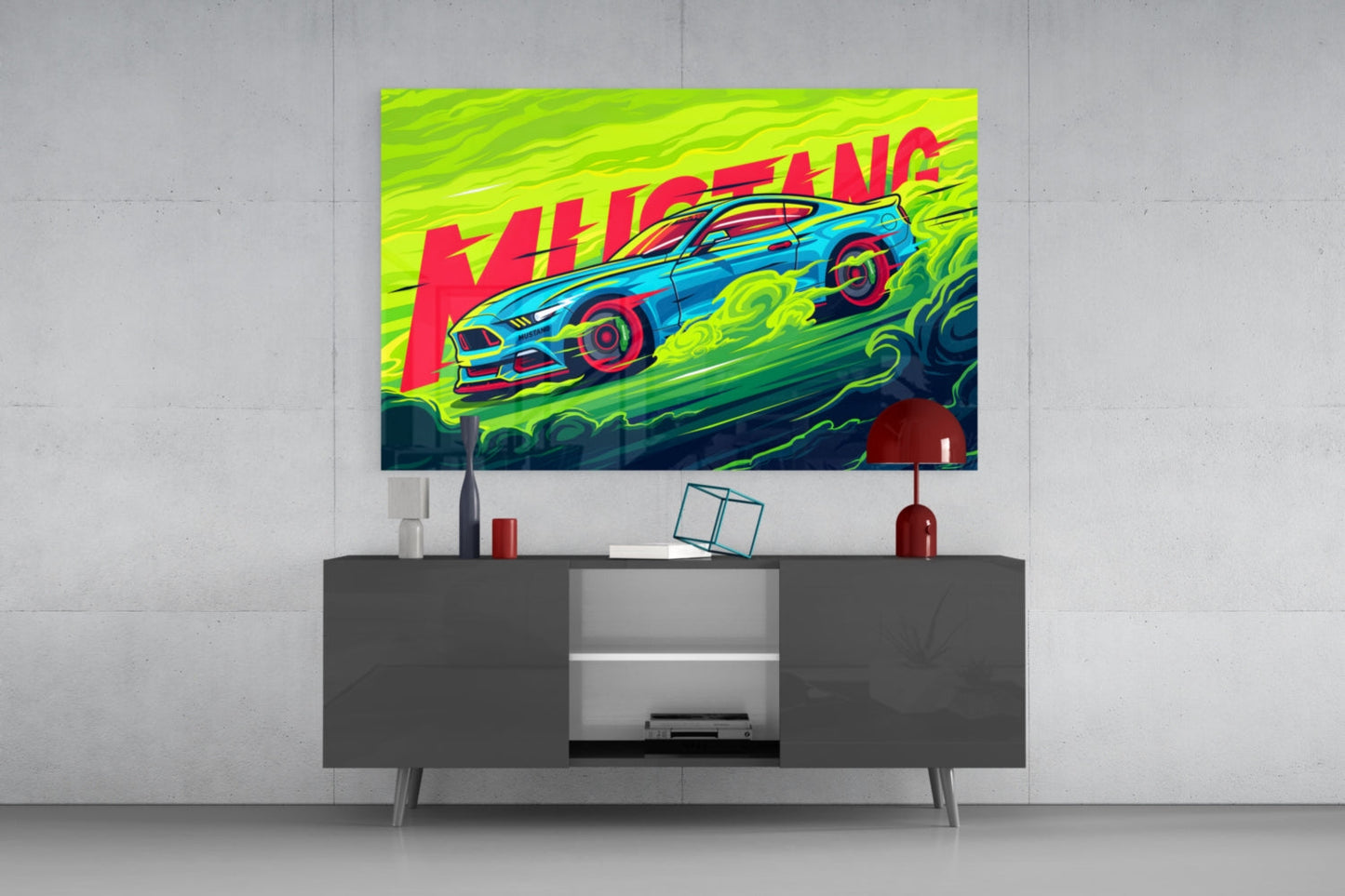 Vibrant neon pop-art style glass wall art depicting a blue Mustang car with "ROARING" text displayed above a dark TV console.