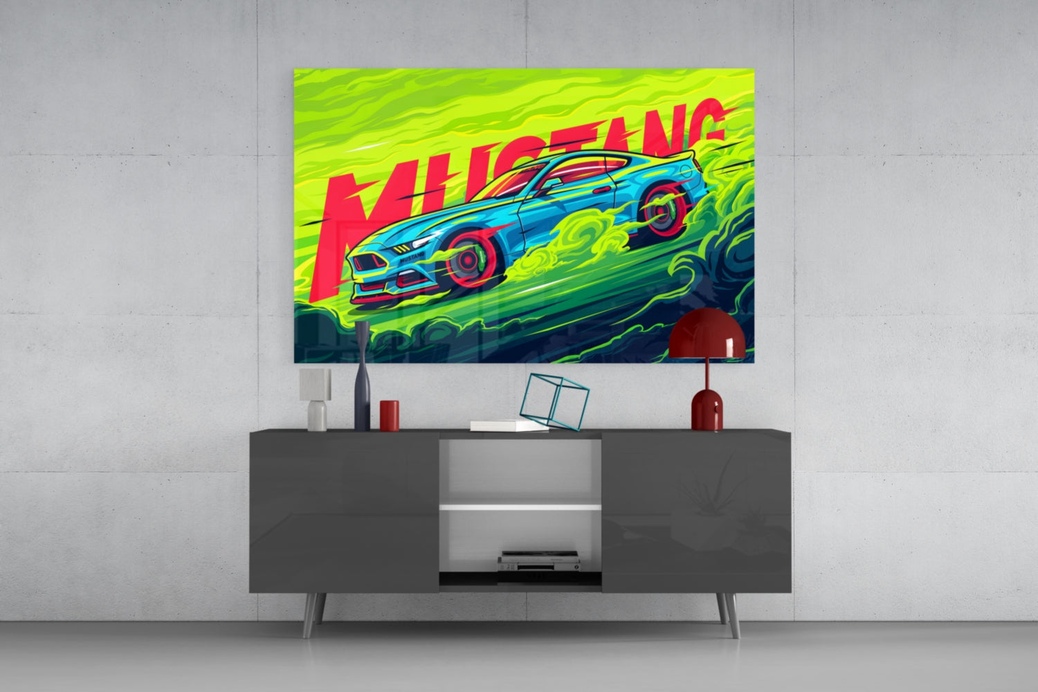 Vibrant neon pop-art style glass wall art depicting a blue Mustang car with "ROARING" text displayed above a dark TV console.