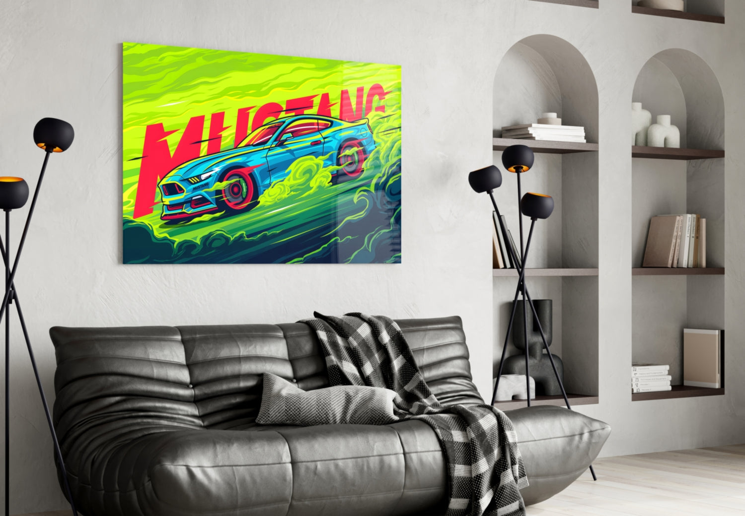 Vibrant neon pop art glass wall panel featuring "KILLING" text and blue Mustang car on lime green background, mounted above black leather sofa in modern living room.