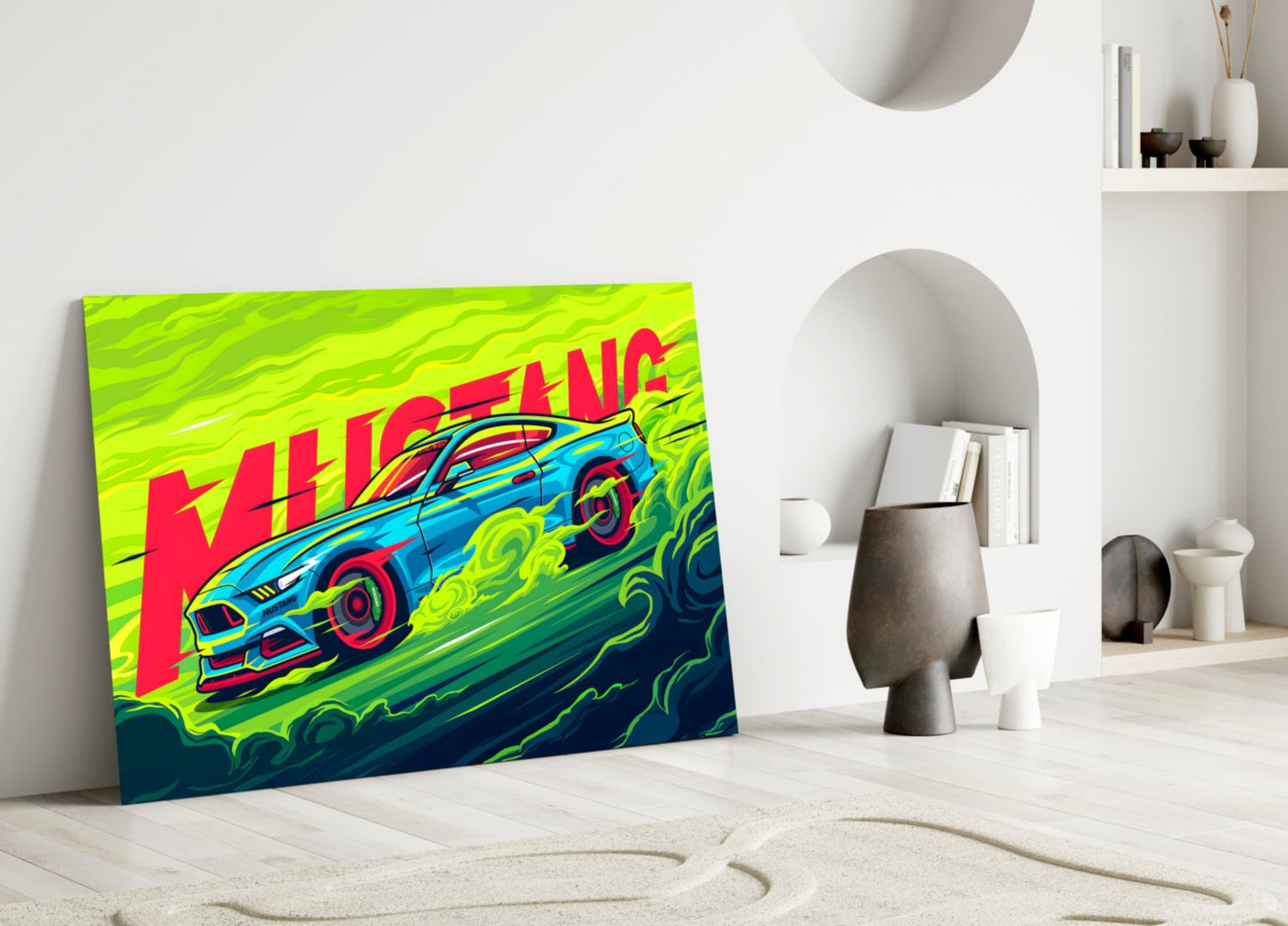 Vibrant neon pop art glass panel featuring blue Mustang car and red "ROARING" text on lime green background, leaning against white interior wall.