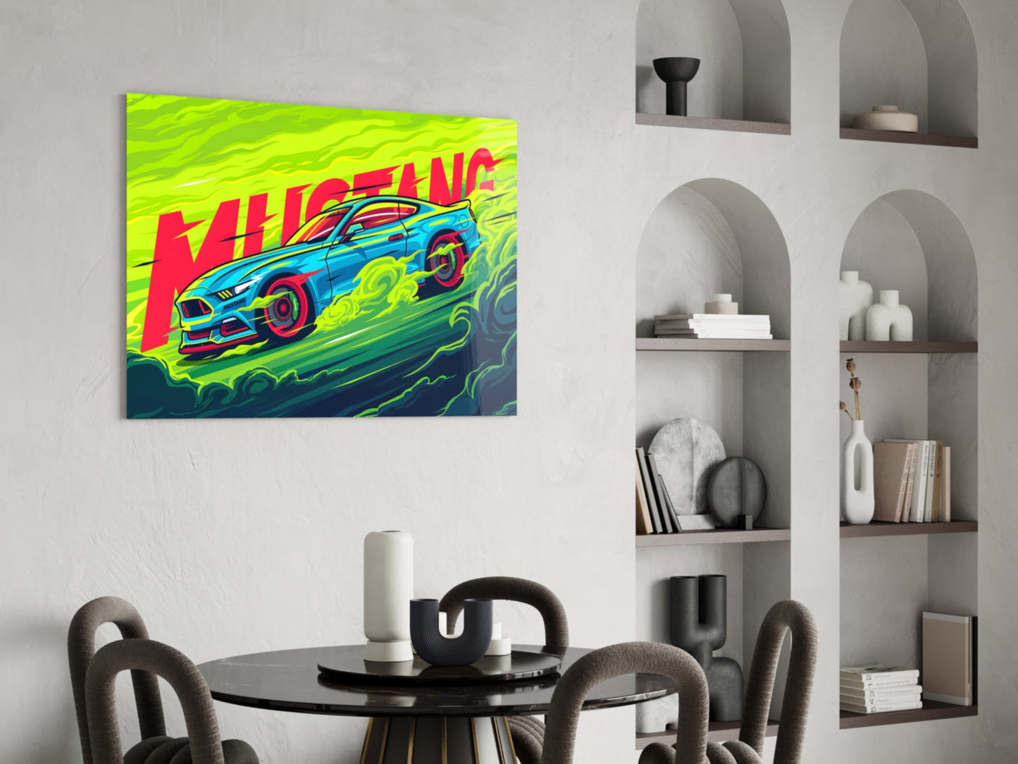 Vibrant neon pop art glass panel featuring a blue Mustang car with "MUSTANG" text in hot pink on lime-green background, displayed above a dining table.
