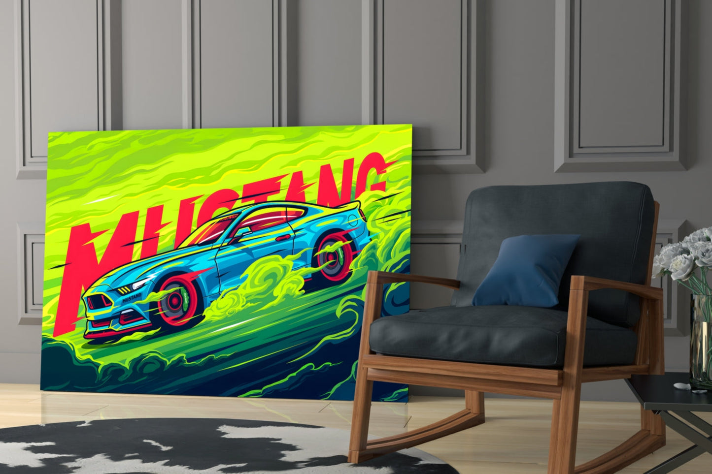 Vibrant neon pop art glass panel featuring a blue Mustang car with red "KILLING" text on bright yellow-green background, displayed in modern living room setting.