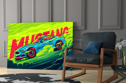Vibrant neon pop art glass panel featuring a blue Mustang car with red "KILLING" text on bright yellow-green background, displayed in modern living room setting.