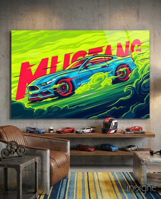 Vibrant glass wall art featuring a blue Mustang with "ROARING" text in red, displayed above wooden shelves with model cars in an industrial loft setting.