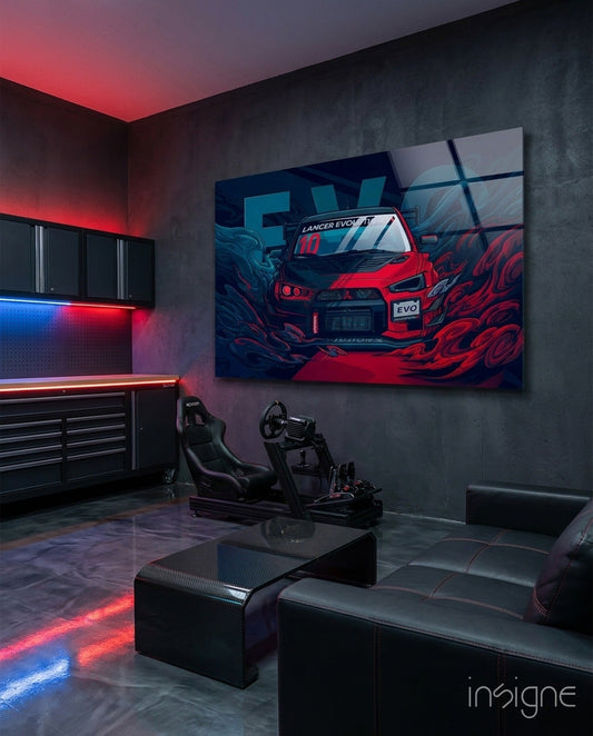 Red Lancer EVO rally car glass wall art displayed in modern gaming room with neon lighting and racing simulator setup.