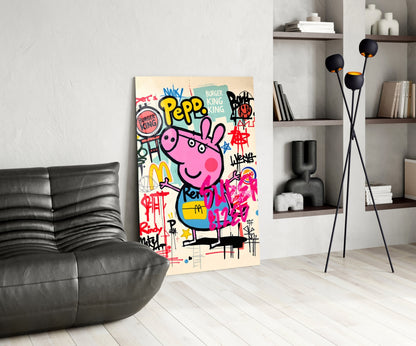 Urban Cartoon Piglet Glass Wall Art || Designer Collection