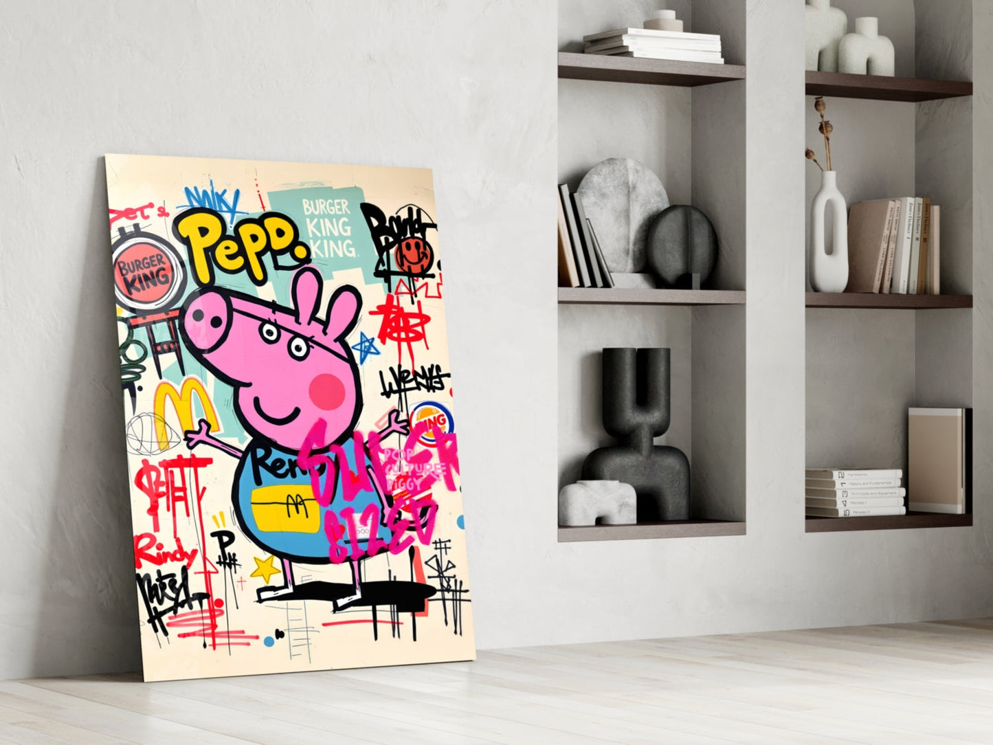 Urban Cartoon Piglet Glass Wall Art || Designer Collection