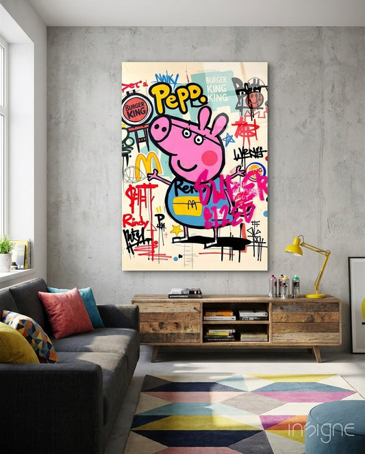Colorful pop art canvas featuring pink cartoon piglet surrounded by fast food logos and graffiti-style text mounted above wooden living room console.