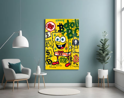 Crypto Yellow Sponge Cartoon Glass Wall Art || Designer Collection