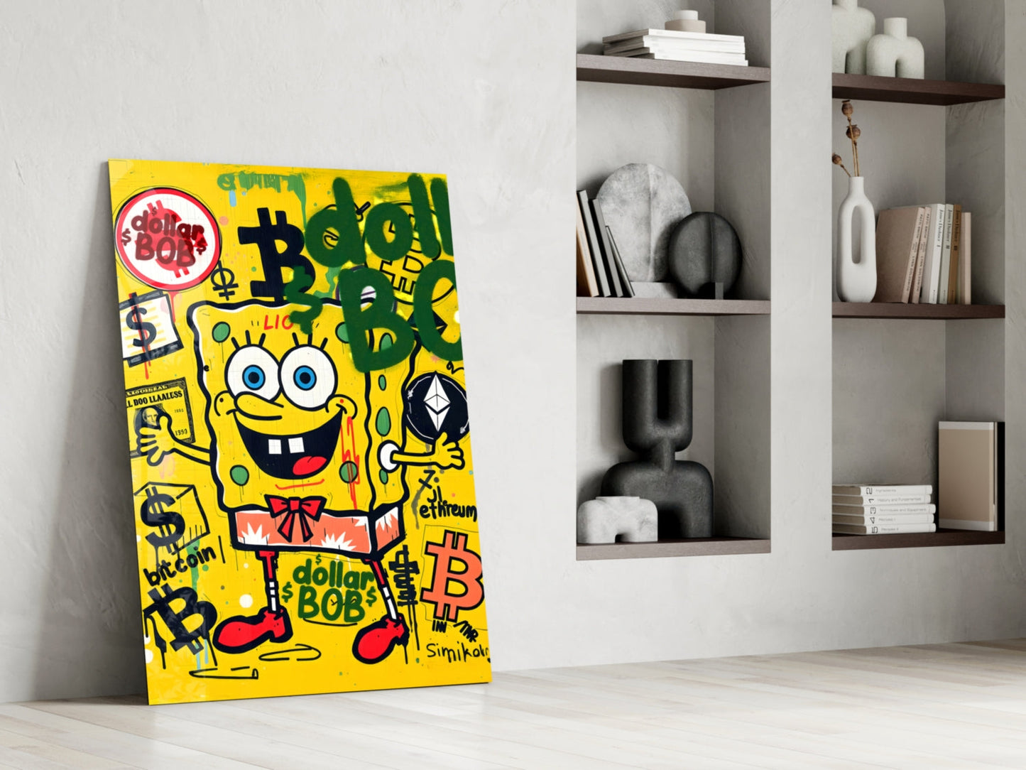 Crypto Yellow Sponge Cartoon Glass Wall Art || Designer Collection