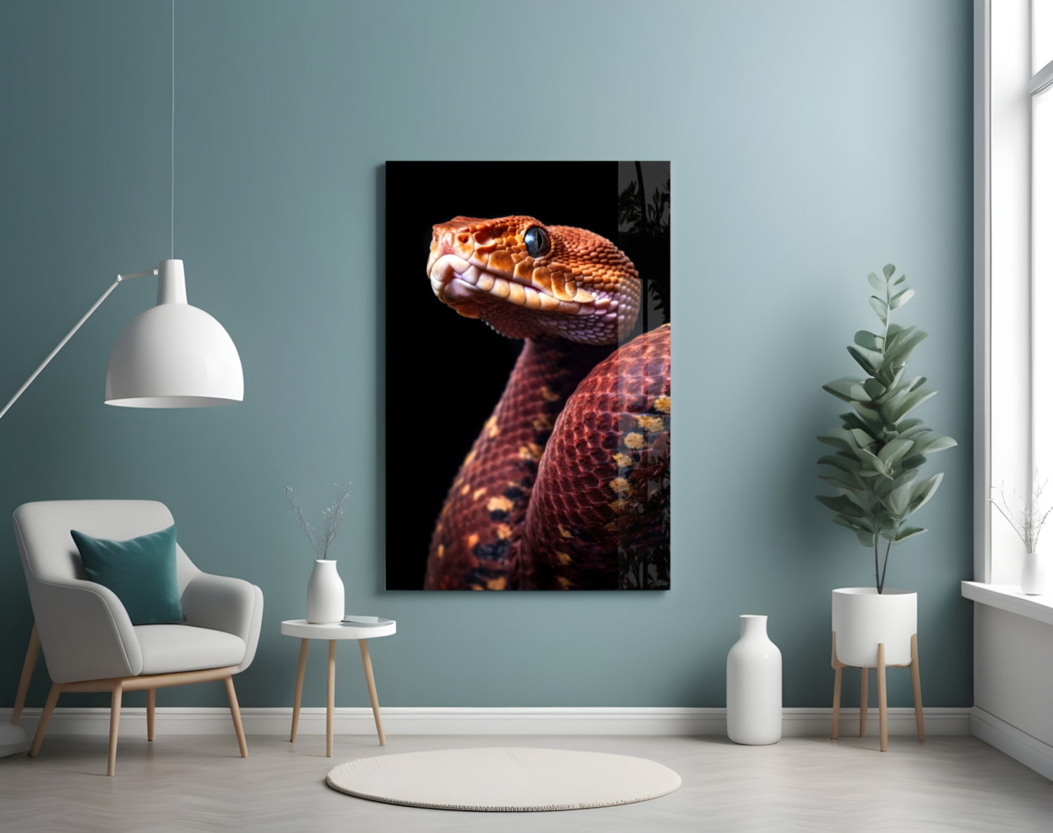 Red Stare Viper glass wall art mounted on teal wall above white chair, displaying orange-red snake with open mouth against black background.