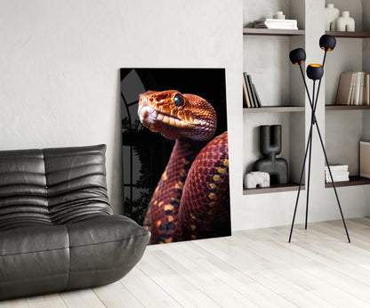 Red and orange viper with blue eye on black background displayed in modern living room with gray sofa and shelving.