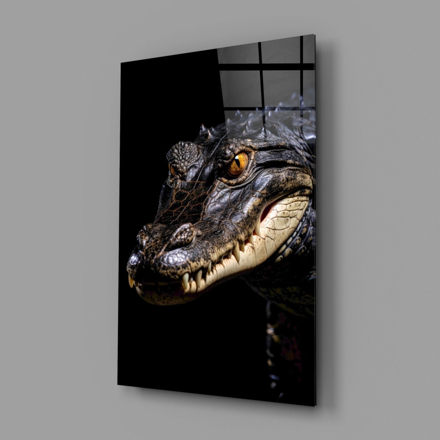 Crocodile head with golden eye and open mouth against black background, displayed as framed glass wall art with grid-pattern frame.