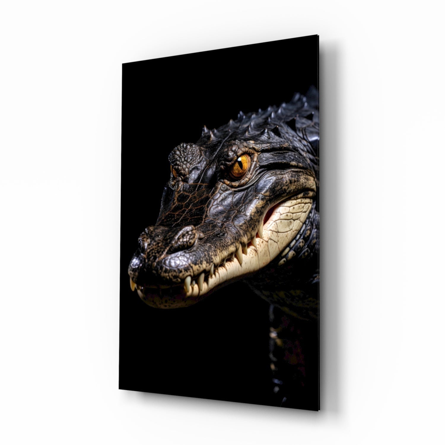 Crocodile head in profile with golden eye and open mouth against black background on glass wall art panel.