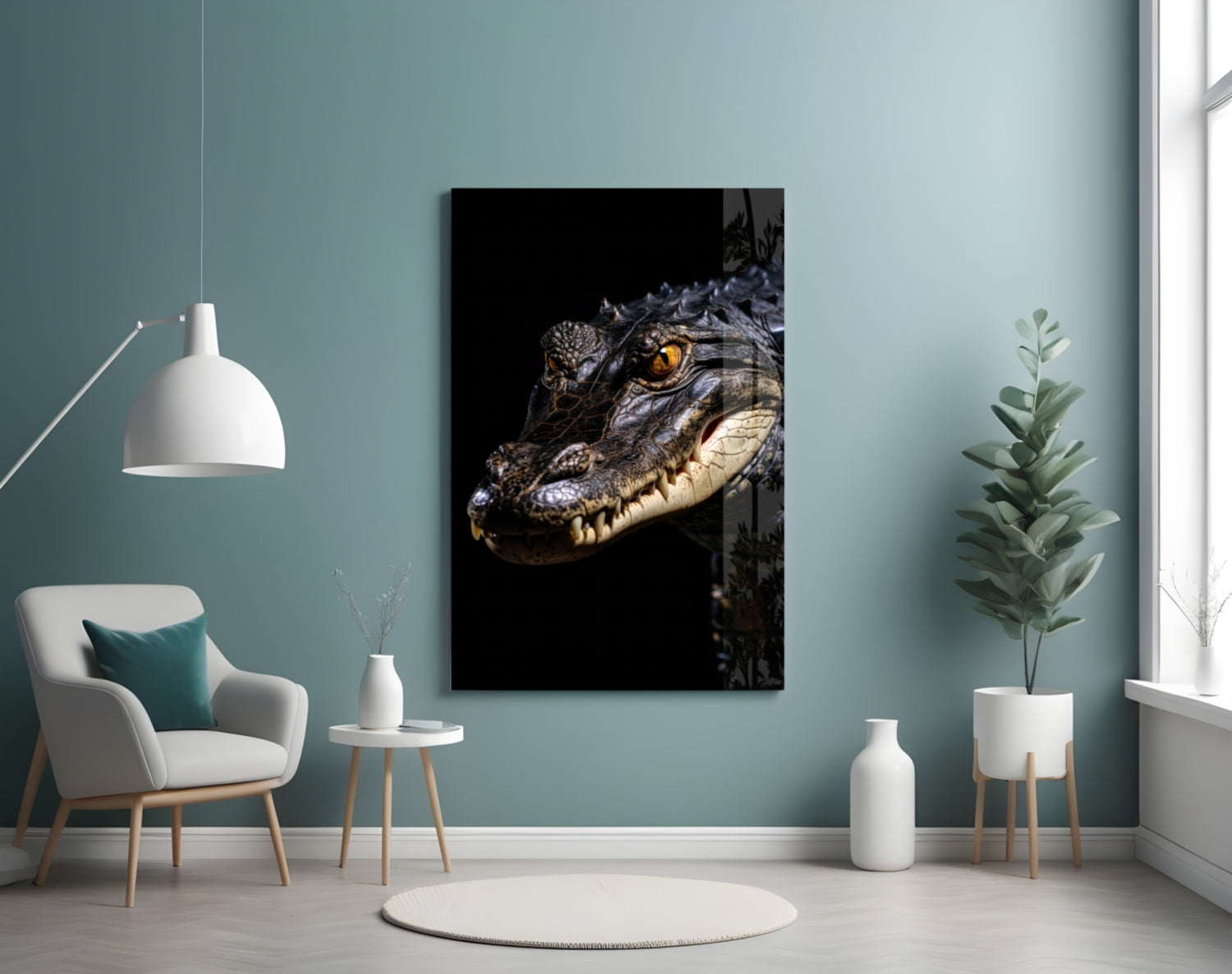 Crocodile head with golden eye on black background displayed as wall art in modern living room with teal walls and white furniture.